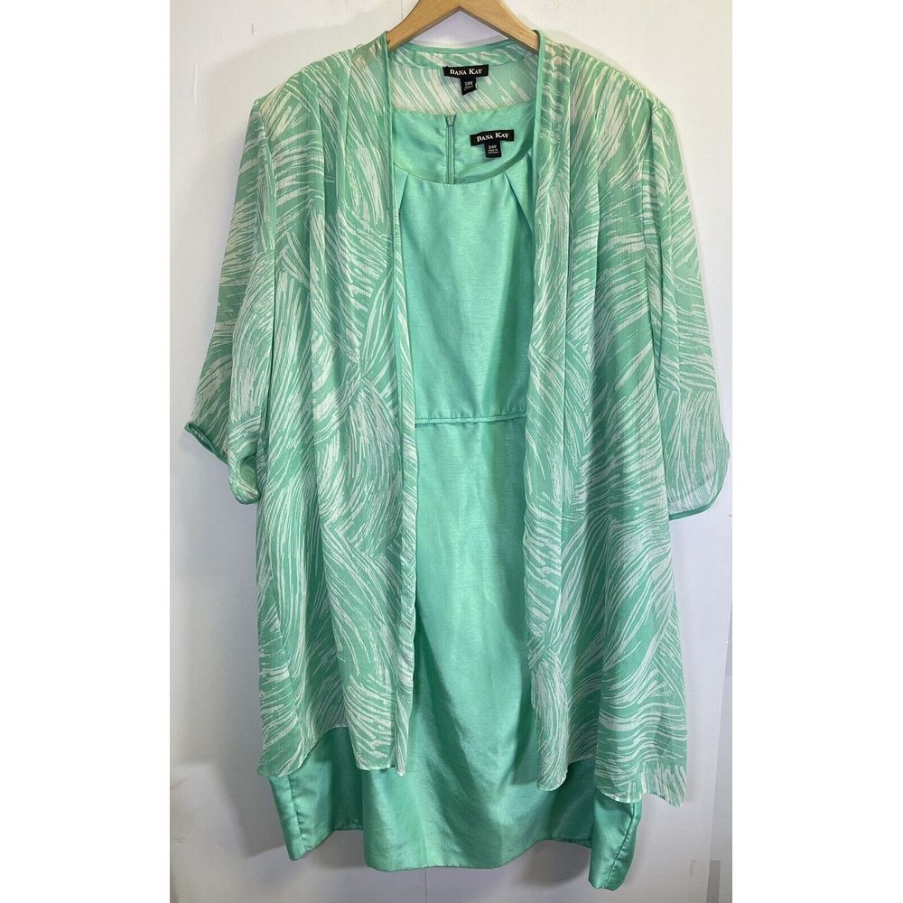 Dana Kay Dress & Jacket Set Women's 24W Mint Green Sheer Cardigan 3/4 Sleeve